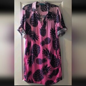 Tori Richard Pink Pineapple Silk Blend Shift Dress Sz M Tropical Resort Vacation